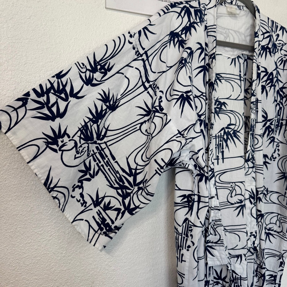 VTG Japanese Yukata Kimono Robe White Navy Bamboo Crane Print Maxi Cotton - Picture 3 of 5